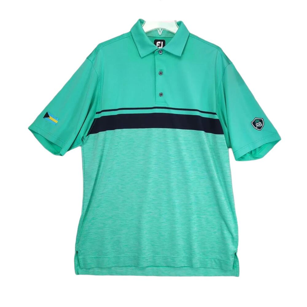 Footjoy FJ Men's L Green Striped Polo Golf Shirt Short Sleeve Royal Blue Bahamas